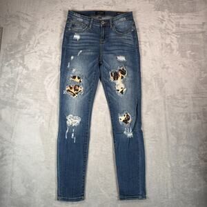 Judy Blue Distressed Skinny Jeans - Blue with Leopard Accents